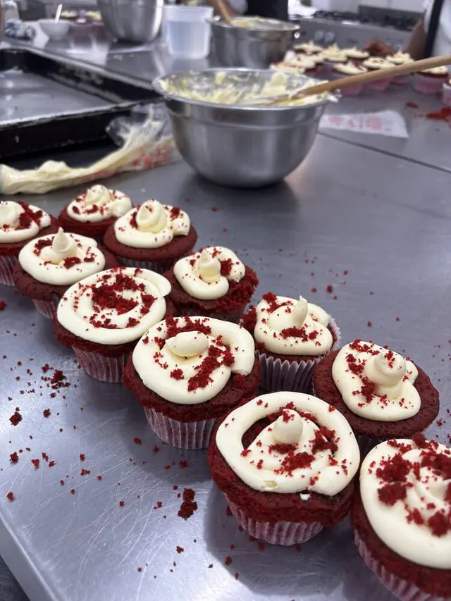 Red velvet cupcakes with cream cheese frosting