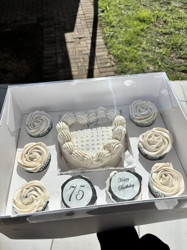 75th birthday cake and matching rosette cupcakes
